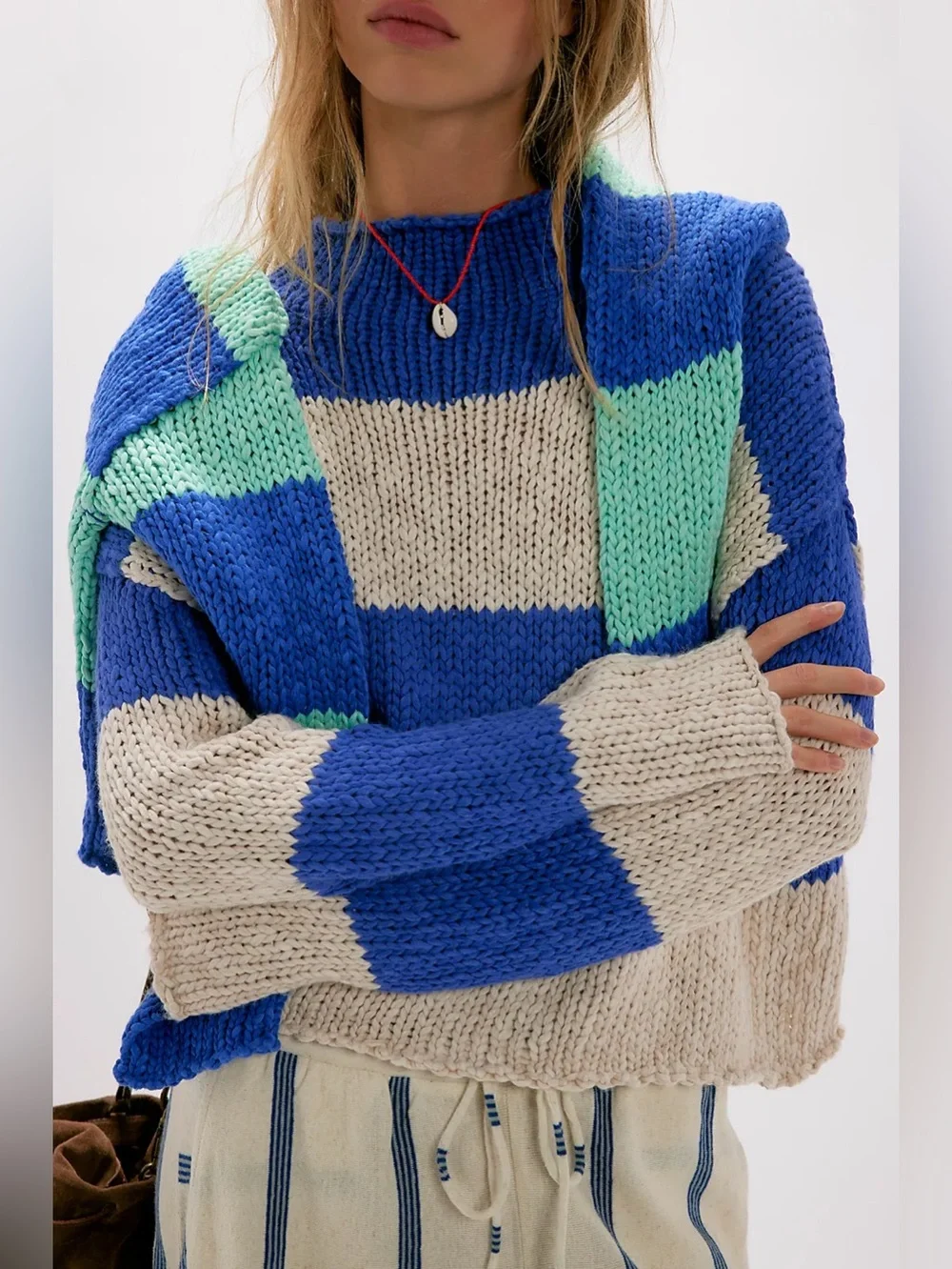 NWT FREE PEOPLE Opal Rollneck Knit Stripe Sweater | Cobalt Combo MSRP $128 M